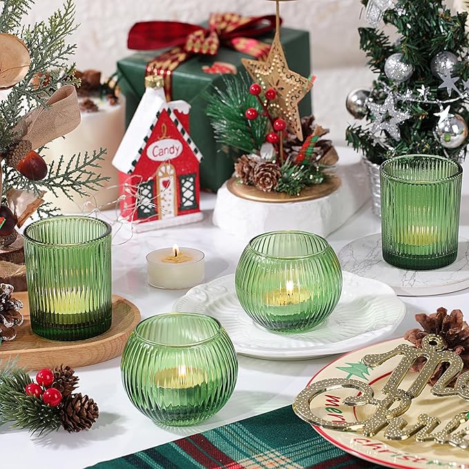 30pcs Assorted Ribbed Green Votive Candle Holders, Green Candle Holders for Wedding Centerpiece, Tea Light Candle Holder for Dinner Table Centerpiece, Home and Party Decorations