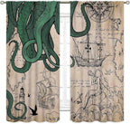 Nautical Octopus Curtains, Coastal Old Pirate Map Sailboat Compass Vintage Magic Ocean Kraken Octopus Tentacles Window Drapery Treatment for Bedroom Living Room Kitchen Bathroom 2 Panels, 52"x84" Inch