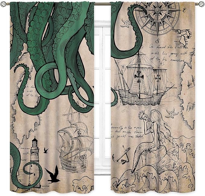 Nautical Octopus Curtains, Coastal Old Pirate Map Sailboat Compass Vintage Magic Ocean Kraken Octopus Tentacles Window Drapery Treatment for Bedroom Living Room Kitchen Bathroom 2 Panels, 52"x84" Inch