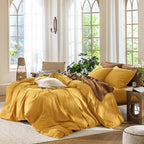 MooMee Bedding Duvet Cover Set 100% Washed Cotton Linen Like Textured Breathable Durable Soft Comfy (Solid Yellow, Twin 68"x90")