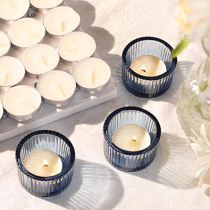 30Pcs Blue Tealight Candle Holder, Ribbed Votive Candle Holders Glass with 32pcs Tea Light Candles for Wedding Decor, Home Decor and Party Decor