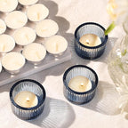 30Pcs Blue Tealight Candle Holder, Ribbed Votive Candle Holders Glass with 32pcs Tea Light Candles for Wedding Decor, Home Decor and Party Decor