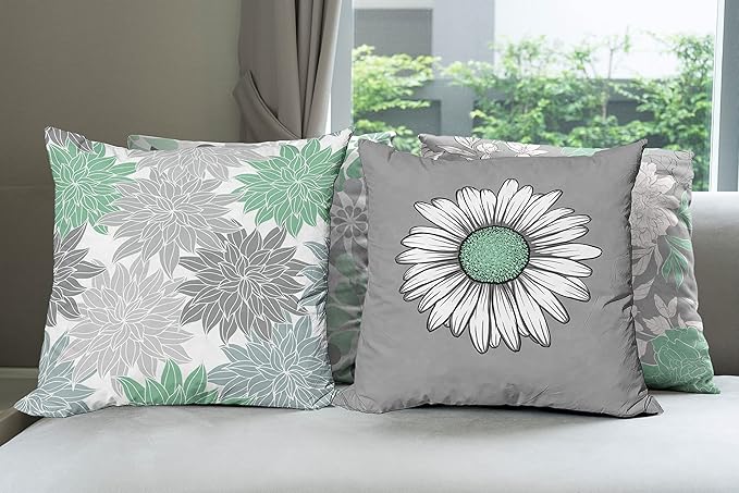 Ambesonne Floral Throw Pillow Cushion Case Pack of 4, Flower Petals Modern Color Palette Chamomile Peony Dahlia and Sunflower Print, Modern Accent Double-Sided Digital Printing, 24", Sea Green Grey