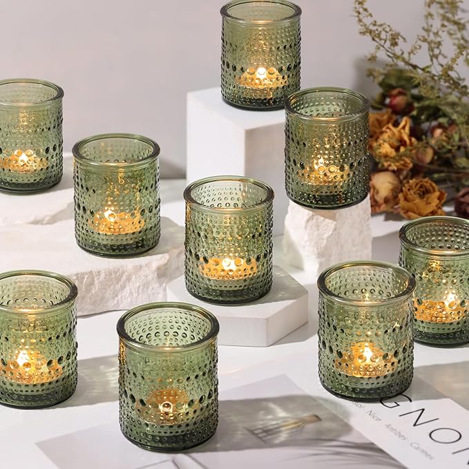 40Pcs Glass Votive Candle Holders, Green Tea Light Candle Holder Vintage Tealight Candle Holder Bulk for Wedding Christmas Party Table Decor (Green)