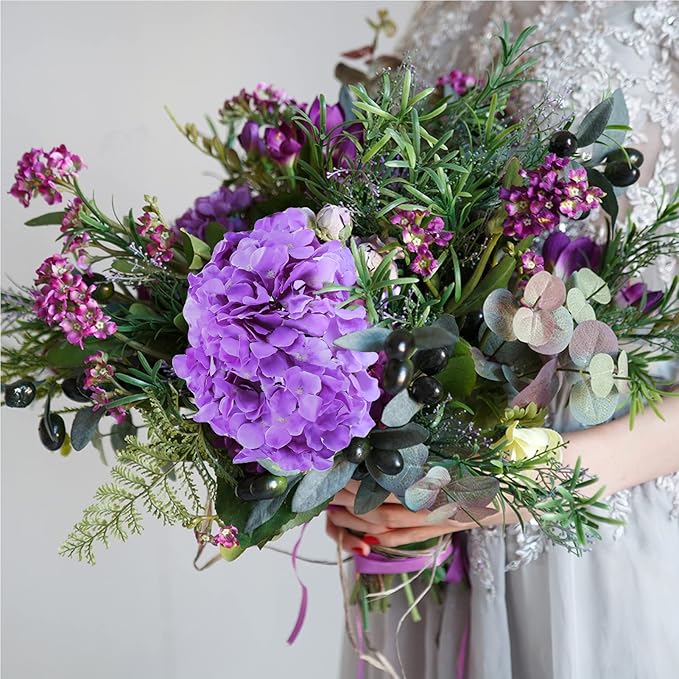 Auihiay 64pcs Hydrangea Artificial Flowers, Purple Artificial Hydrangea Flowers, Silk Hydrangea Heads with Stems for Garden, Home Party Baby Shower DIY Wedding Centerpiece (Purple)