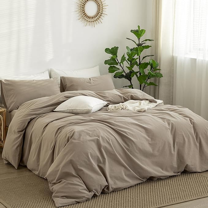 MooMee Bedding Duvet Cover Set 100% Washed Cotton Linen Like Textured Breathable Durable Soft Comfy (Solid Light Camel, Super Queen 90"x98")
