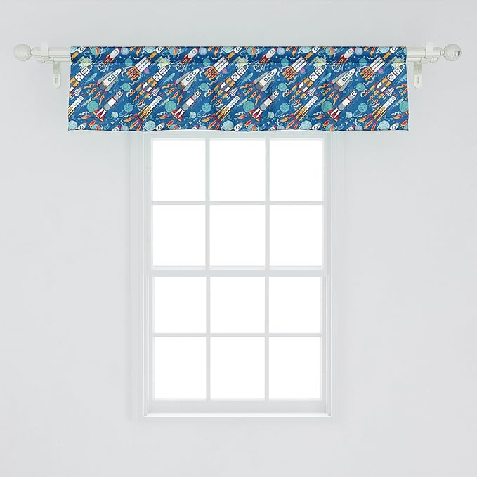 Ambesonne Spaceship Window Valance, Hand-Drawn Cartoon Spaceships Planets and Stars Outer Space Exploration Theme, Curtain Valance for Kitchen Bedroom Decor with Rod Pocket, 54" X 12", Violet Blue