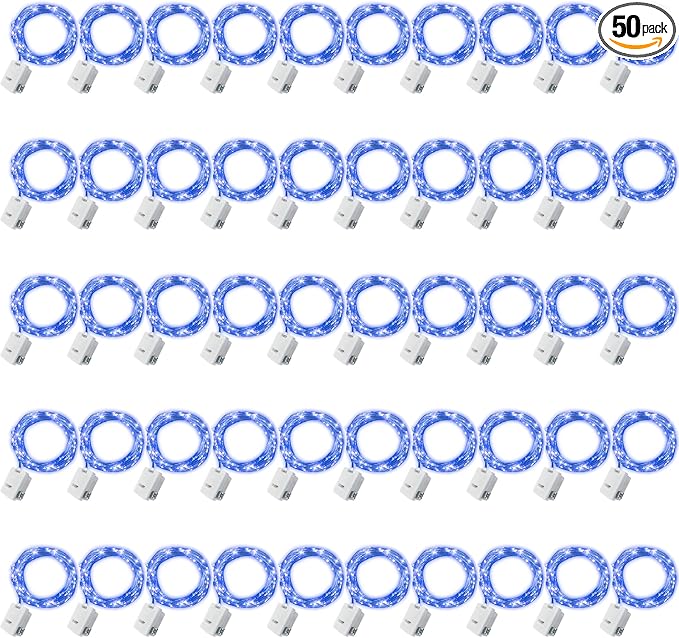 50 Pack Fairy Lights Battery Operated - 3 Speed Modes, 7Ft 20 LED String Twinkle Lights, Waterproof Copper Wire, Mini Firefly Light for Mason Jars Vases Christmas Decor, Blue