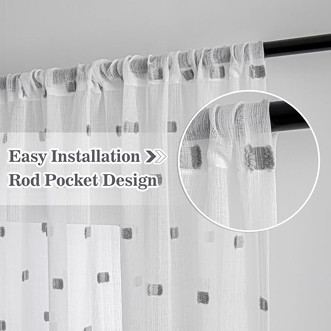 MYSKY HOME White Curtains for Bedroom 72 Inch Length Long Sheer Curtains for Kids Room Nursery Curtains with Grey Patched Design Rod Pocket Privacy Window Drapes Dining Room 52" x 72" 2 Panels