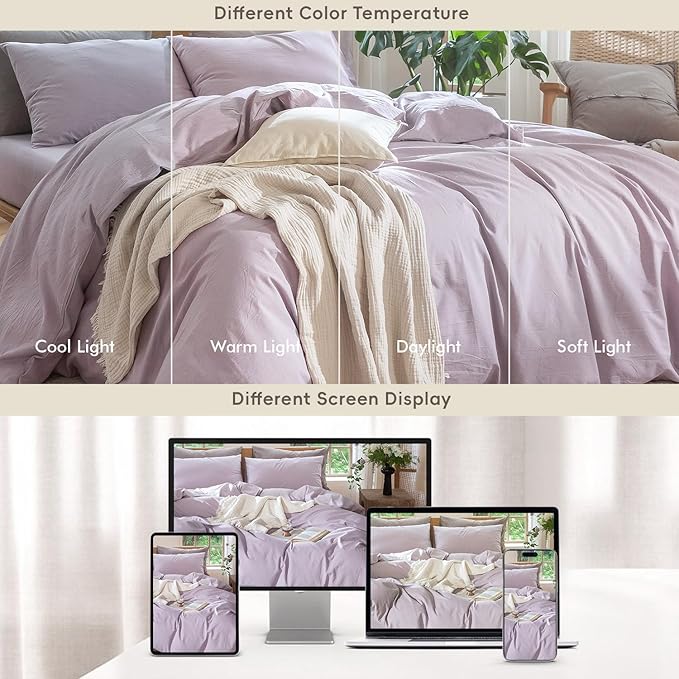 MooMee Bedding Duvet Cover Set 100% Washed Cotton Linen Like Textured Breathable Durable Soft Comfy (Heathered Light Purple, Twin 68"x90")