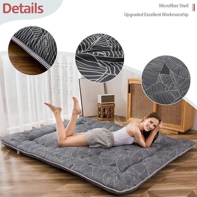 MAXYOYO Black Leaf Printed Japanese Futon Floor Mattress, Thicken Sleeping Pad Floor Bed Roll Up Camping Guest Mattress Folding Couch Bed, Queen Size