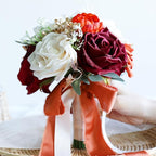 ponatia Burnt Orange Wedding Bouquets for Bride Bridesmaid, Artificial Burgundy Prom Flowers Bouquet for Weddins, Ceremony, Anniversary, 7 Inches