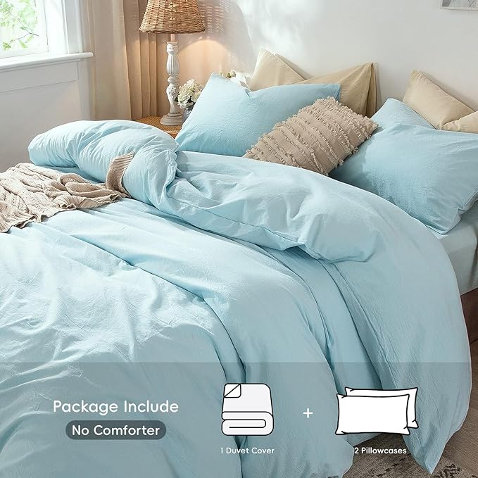 MooMee Bedding Duvet Cover Set 100% Washed Cotton Linen Like Textured Breathable Durable Soft Comfy (Heathered Light Blue, King 104"x90")