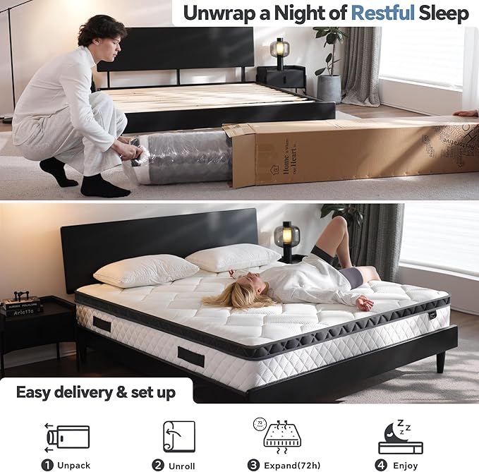 King Size Mattress in a Box, 12 Inch Hybrid Mattress with Individual Pocket Spring & Memory Foam, Soft, Motion Isolation, Medium Firm Comfort for Pressure Relief, CertiPUR-US Certified