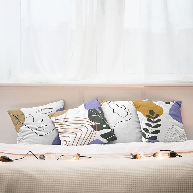 Ambesonne Minimal Throw Pillow Cushion Case Pack of 4, Modern Line Art Woman Portrait with Contemporary Leafy Geometric Details, Modern Accent Double-Sided Digital Printing, 16", Tan Amber Lavender