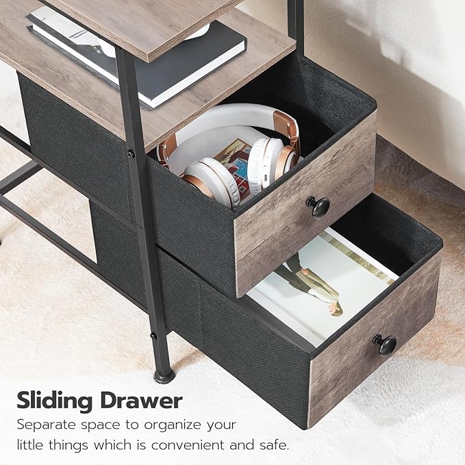 HOOBRO End Table with Charging Station, Narrow Side Table, Nightstand with 2 Non-Woven Drawers, Slim Sofa Side Table, for Small Spaces, Living Room, Bedroom, Greige and Black BG486UBZ01