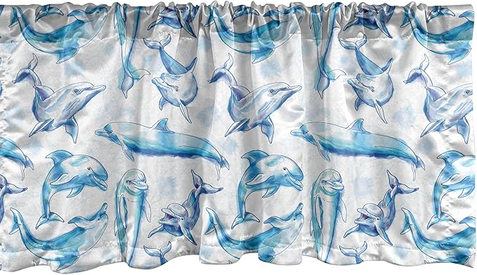 Ambesonne Sea Animals Window Valance Pack of 2, Sketch of Bottlenose Dolphins Playing Laughing in The Ocean Sea Life Print, Rod Pocket Curtain Valances for Kitchen Bedroom, 42" X 18", Turquoise White