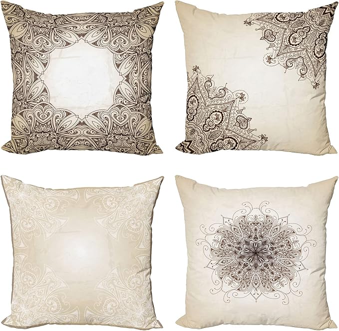 Ambesonne Ethnic Throw Pillow Cushion Case Pack of 4, Mandala Design Cultural Folkloric Motifs Swirling Floral Style Art Illustration, Modern Accent Double-Sided Digital Printing, 18", Eggshell Brown