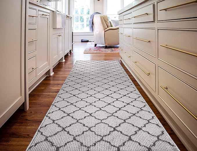 Custom Size Modern Runner Rug Carpet for Hallway Entryway Foyer Kitchen, Slip Resistant Latex Rubber Backed 31 inch Wide X Customized Length, Trellis Grey, 31 inch X 15 feet