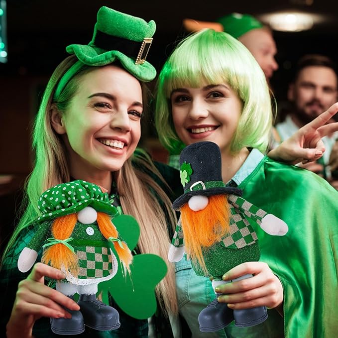 Standing St.Patrick's Day Gnome Plush Doll with Retractable Legs Nordic Scandinavian Swedish Dwarf Gnome Figurines Wearing Glitter Clothes & Black Boots Lucky Green Shamrock Irish Table Decor (2PCS)