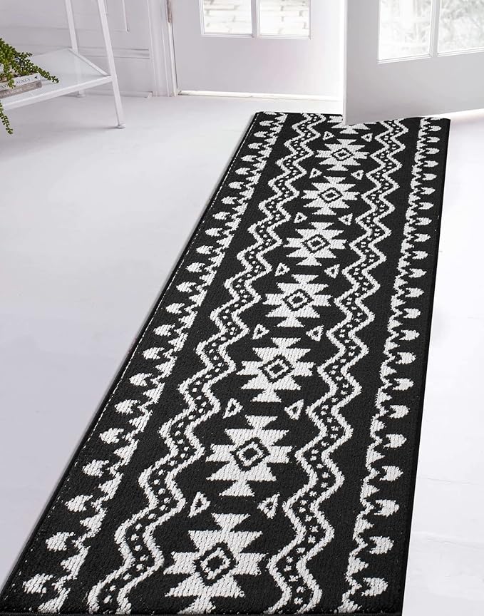 Custom Length Cut to Size Tribal Ethnic Southwestern Inspired Hallway Runner Rug, Non Slip Rubber Backed, 31 inch Wide X Customized Length, Aztec Black, 31 inch X 20 feet
