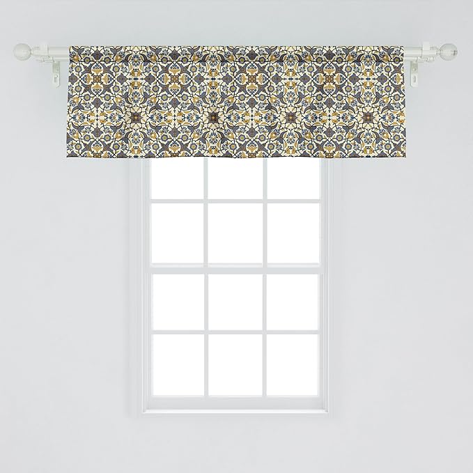 Ambesonne Turkish Pattern Window Valance, Flowers in and Traditional Style, Curtain Valance for Kitchen Bedroom Decor with Rod Pocket, 54" X 18", Earth Yellow Slate Blue