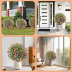 27.5" Artificial Boxwood Topiary Ball Trees with Colorful Flowers, Set of 2 Fake Shrubs Bushes with Ground Spike, UV Resistant Faux Evergreen Plants for Outdoor Planters Front Porch Garden Decor