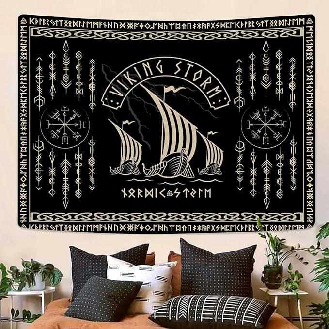 OSUNBD Viking Warship Tapestry Wall Hanging - Small 40x30inches Storm & Celtic Runes on Soft Flannel Aesthetic Mythology Tapestries Norse Mythology Art for Bedroom, Living Room Decor