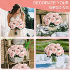 Artificial Roses Bouquets - 8 Bundles Fake Silk Flowers Realistic Faux Florals Bulk for Wedding Bridal Party Baby Shower Event Home Arrangements Centerpieces Decorations (Pink)