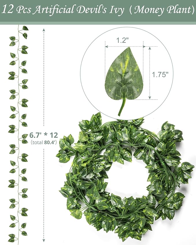 JACKYLED 80Ft 12 Pack Artificial Ivy Garland, Pothos Money Leaves with CE Certified 80 LED String Lights, Hanging Ivy Lights for Bedroom Garden Party Wall Room Decor
