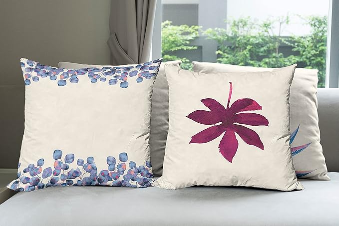 Ambesonne Botanical Throw Pillow Cushion Case Pack of 4, Minimalist Watercolor Painting Leaves Agave Branches Plant in a Pot, Modern Accent Double-Sided Digital Printing, 24", Dark Pink and Ceil Blue