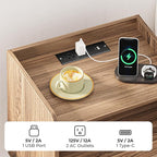 SUPERJARE Nightstands Set of 2, Night Stands with Charging Station & PE Rattan Decor Drawer, Bed Side Tables with Solid Wood Feet, End Table, for Bedroom, Living Room, Walnut