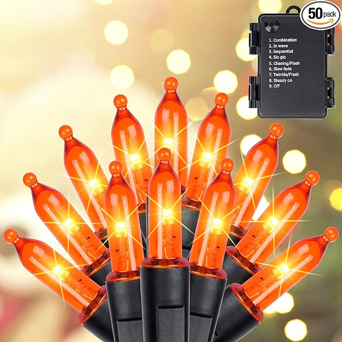 Blissun Halloween Lights: 50-Count Black Wire Mini String Lights with 8 Modes, 16 ft for Decorations (1 Pack, Orange)