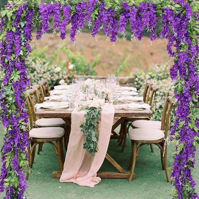 Wisteria Artificial Flowers Garland, 8Pcs Total 57.6ft Silk Faux Wisteria Vine Kit, Hanging Flower Plant for House Outdoor Garden Ceremony Outside Wedding Arch Floral Decor (8, Purple)