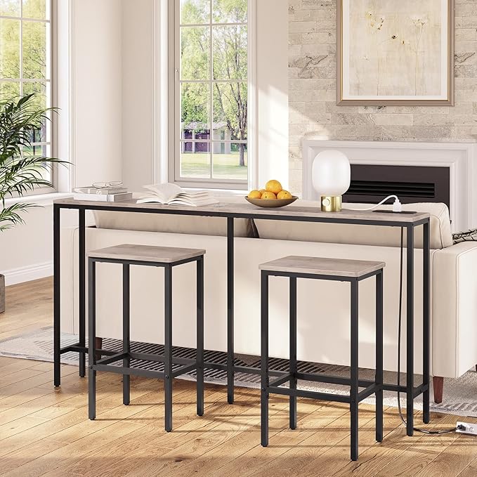 63" Console Table with Power Outlet, Narrow Sofa Industrial Entryway Behind Couch Table with USB Ports for Entryway, Hallway, Foyer, Living Room, Bedroom, Greige CTHG16E01Z1