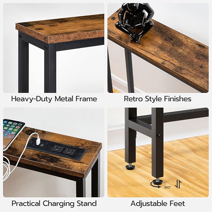 HOOBRO 47.2" Narrow Console Table with Power Outlet, 5.9" Behind Couch Table with Charging Station, Long Sofa Side Table, Skinny Entryway Table for Living Room, Hallway, Foyer, Rustic Brown BF15XG01G1