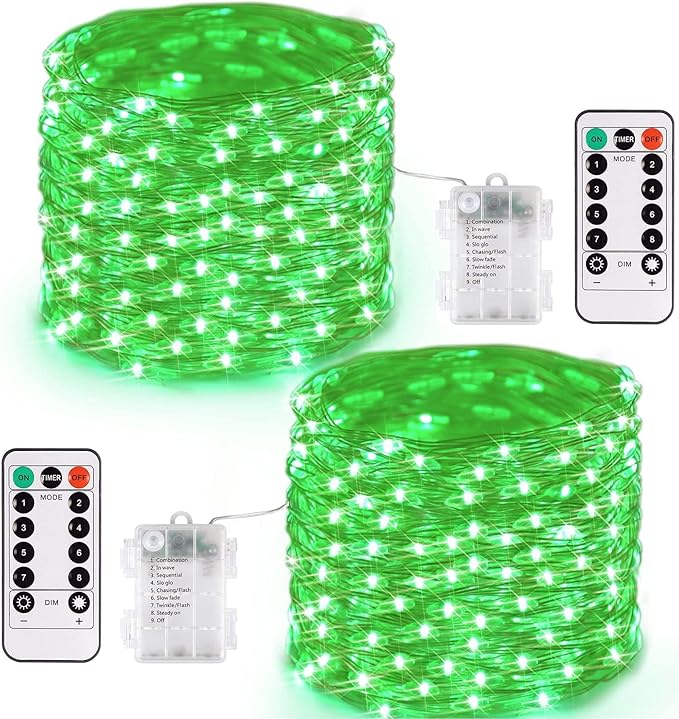 JMEXSUSS 2 Pack Green Fairy Lights Battery Operated, Total 200 LED 66ft Twinkle String Lights with Remote, 8 Modes Christmas Lights for Tree Wreath Fireplace Indoor Outdoor Halloween Xmas Decor