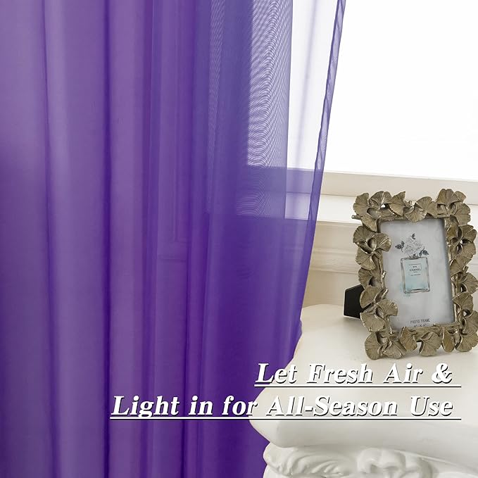 HUTO Purple Sheer Curtains 63 Inch Length for Girls Room Rod Pocket Voile Curtain Panels for Bedroom Living Room,Set of 2 Panels,52”x63”
