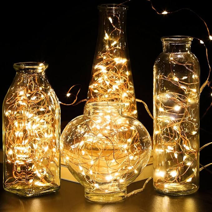 GDEALER 4 Pack 16.4 Feet 50 Led Fairy Lights Battery Operated with Remote Control Timer Waterproof Copper Wire Twinkle String Lights for Christmas Bedroom Indoor Outdoor Wedding Dorm Decor Warm White