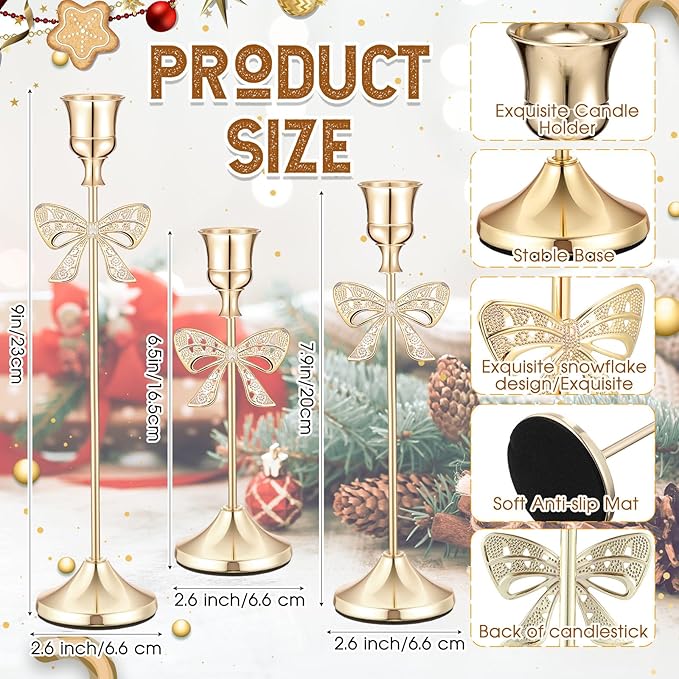 3 Pcs Christmas Candle Holders 3 Size Gold Taper Candlestick Holders Set Vintage Decorative Centerpiece for Table Mantel Wedding Housewarming Thanksgiving Gifts (Bowknot)