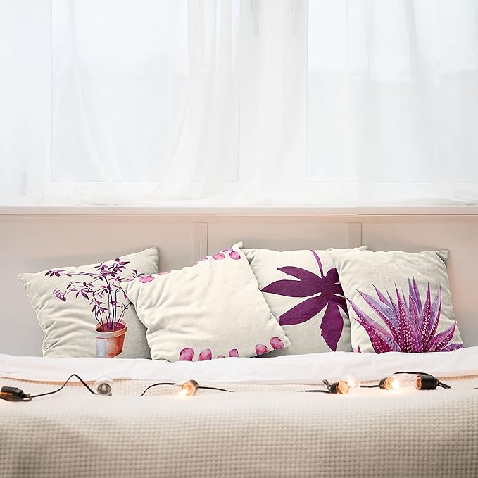 Ambesonne Botanical Throw Pillow Cushion Case Pack of 4, Minimalist Watercolor Painting Leaves Agave Branches Plant in a Pot, Modern Accent Double-Sided Digital Printing, 24", Dark Magenta and Pink