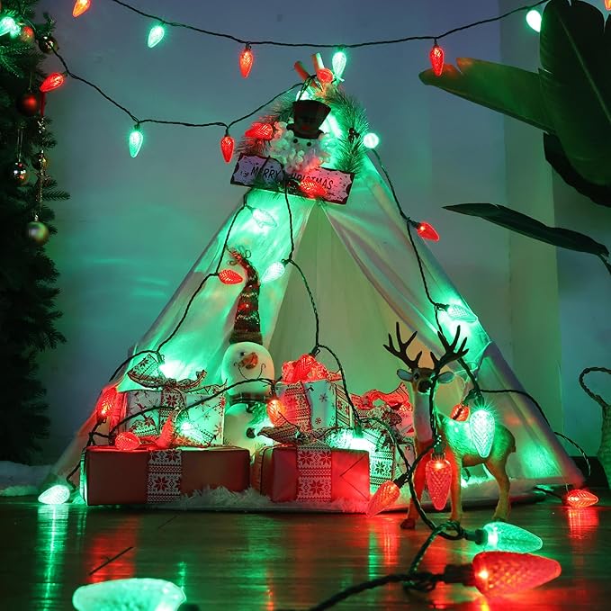 Brizled C9 Christmas Lights, 16ft 25 LED Faceted C9 Christmas Lights, Connectable Indoor Outdoor Xmas String Lights, 120V UL Certified for Tree Backyard Garden Porch Party & Holiday Decor, Red & Green
