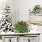 Artificial Christmas Norfolk Pine Arrangement with Red Berries and Pinecones 10 Inch Holiday Table Centerpiece in Rustic Wooden Box Faux Tabletop Arrangement for Home Mantel Xmas Dining Table Decor