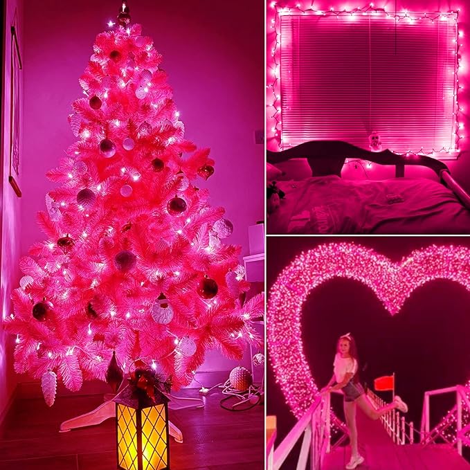 Christmas Pink Mini String Lights - 100 Count 25 Feet Detachable Incandescent Bulb Waterproof Fairy Lights Plug in for Indoor Outdoor Party Patio Xmas Tree Valentine's Day Decoration, White Wire