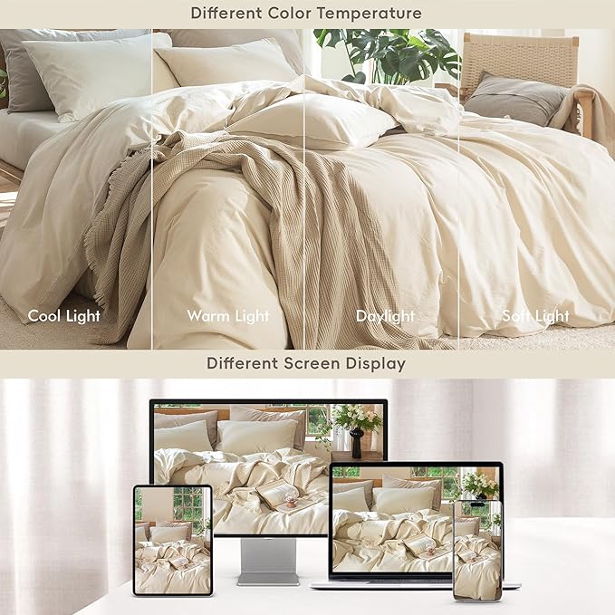 MooMee Bedding Duvet Cover Set 100% Washed Cotton Linen Like Textured Breathable Durable Soft Comfy (Heathered Almond Milk Grey, Twin 68"x90")