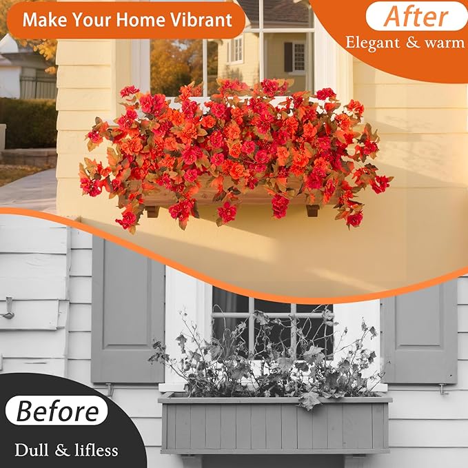 Homsunny Fall Flowers for Outdoors, 2 PCS Fake Fall Flowers UV Resistant Fake Autumn Artificial Flowers for Porch Patio Window Box Planter Home Decor (Fall Red and Orange)