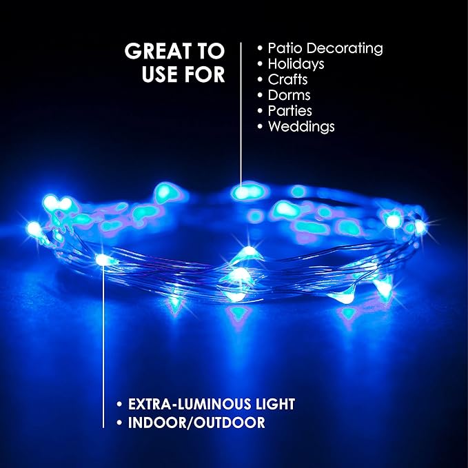 30 LEDs Blue Color String Lights Silver Wire Indoor and Outdoor 9.5 Feet Firefly Starry Fairy Lights Battery Powered for DIY, Christmas, Holidays, Party, Bedroom and Centerpieces