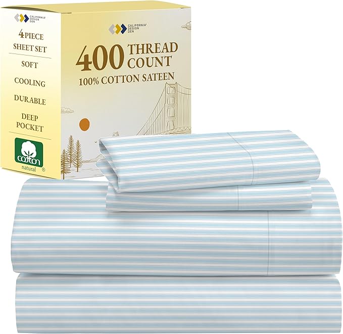 California Design Den Queen Sheet Set - 400 Thread Count Sateen, Natural 100% Cotton Bed Sheets Queen Size, Deep Pocket Cooling and Durable Bedding - Cape Stripe