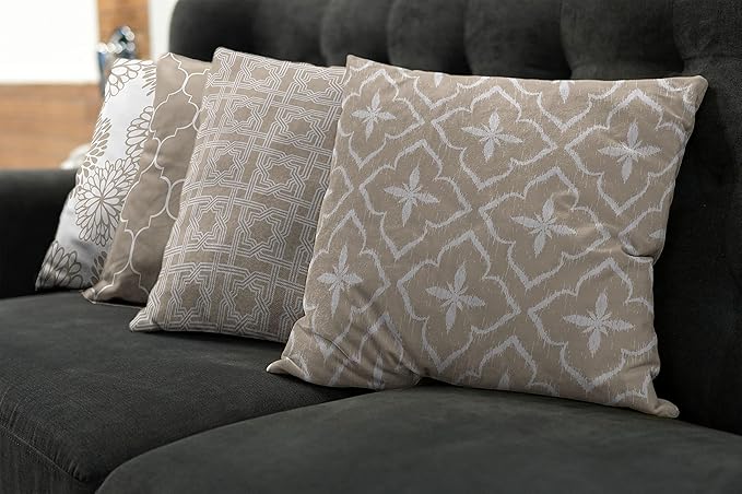 Ambesonne Vintage Throw Pillow Cushion Case Pack of 4, Monochrome Design Grid Trellis Quatrefoil Mesh and Dahlia Flowers Modern Print, Modern Accent Double-Sided Digital Printing, 18", Tan and White