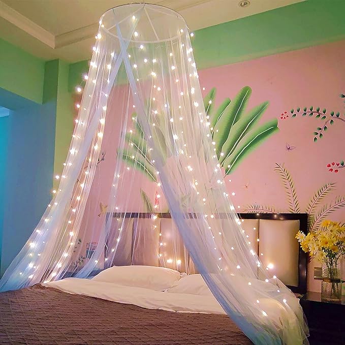 Eimilaly Two-Tone Bed Canopy Mosquito Net White Blue with 250pcs Warm White Lights, Bed Canopy for Girls Room Decor, Single Door